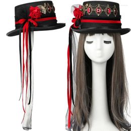 Berets Flat Top Hat Steampunk Gothic Victorian Halloween Women Small Brim Fedoras Stage Performances