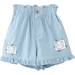 Shorts Summer Women Clothing College Style Vintage Ruffle Shorts Japanese Kawaii Blue Shorts for Teen Soft Girls Cute Cat Cartoon Print