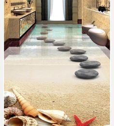 High Quality Customise size Modern Beach starfish shell stone bathroom 3D floor tiles waterproof wallpaper for bathroom wall2632590