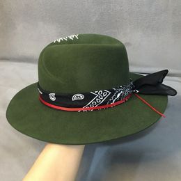 Ethnic Style Green Wide Brim Fedora Hat 100% Wool Women Felt Hats Panama Hat with Turban Ribbon Crushabley Porkpie Style288W