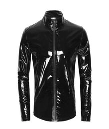 Mens Sexy Glossy PVC Leather Shirt Male Shiny Metallic Patent Jacket Tops Sexi Erotic Shaping Sheath Latex Casual Coat8538622