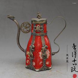 Bottles Pretty Tibetan Porcelain Tibet Silver Butterfly TeaPot Garden Decoration Real Brass