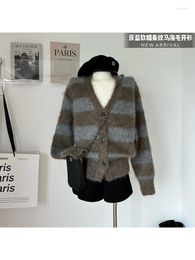 Women's Knits Grey Striped Cardigan Knitted Two-tone Sweater Vintage Harajuku Korean Y2k 90s V-Neck Long Sleeve 2000s Clothes