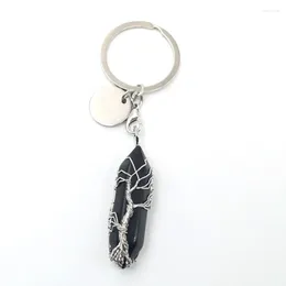 Keychains Silver Plated Circle Wire Wrap Tree Of Life Black Agates Key Chain Hexagon Prism Crystal Fashion Jewelry