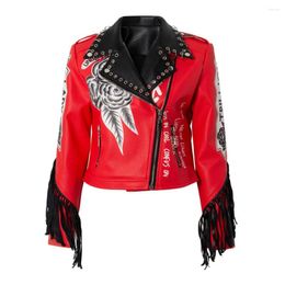 Motorcycle Apparel Red Jacket Rock Woman's Biker Coat Wear Resistant Women's PU Material Punk Long Rivet