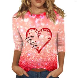 Women's T Shirts Fashionable Casual Three Quarter Sleeve Valentine'S Day Printed Crew Neck Tops Plus Size Streetwear