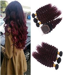 Deep Wave 1B99J Wine Red Two Tone Ombre Brazilian Human Hair Weaves With Closure Burgundy Ombre 3Bundles With 4x4 Front Lace Clos6838068