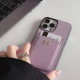iPhone 15 Pro Max Designer Letter Phone Case for Apple 14 13 12 11 XS XR 8 Plus Luxury PU Pebbled Leather Hardware Card Holder Pocket Mobile Back Cover Coque Fundas Purple
