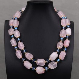 Pendant Necklaces G-G 2 Rows Natural Pink Rose Quartz Faceted Nugget Blue Rock Crystal Necklace Handmade Gemstone For Lady