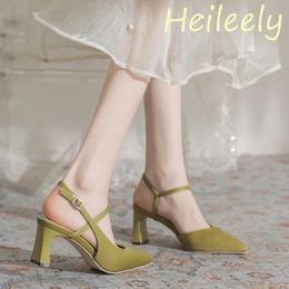 7cm Fashion Satin Sandals High Heels Female Ankle Wrap Pointed Toe Women Green Shoes 38 39 40 240301