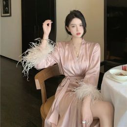 Dresses Women Clothing Wedding Dress Pijama Pink Long Sleeve Spring Sexy Long Nightgown Silk Chic Feather Casual Home Robes for Women