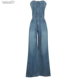 Women's Jeans Jeans Summer Waist Wide Leg Strapless Sleeveless Off The Shoulder Blue Denim Jumpsuit 240304