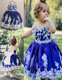 Royal Blue First Communion Dresses Toddlers Appliques Sash Backless Flower Girls Dresses For Weddings Back Lace Up Bow Girls Pagea1074849