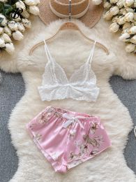 Sets SINGREINY Erotic Fashion Sexy Suits Summer Lace Spliced Straps Camis+Elastic Waist Triangle Short Pants Women Lingeri Print Sets