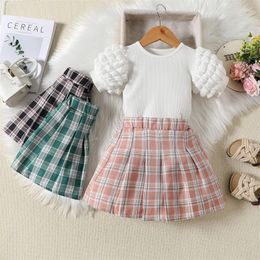 Clothing Sets Toddler Baby Girl Clothes Set Puff Sleeve Top Plaid Pleated 2Piece Summer Fashion Casual Outfit For Kid 1-6 Years