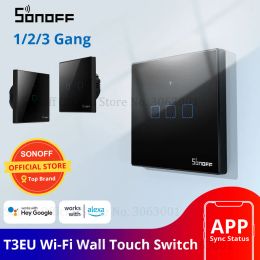 Control SONOFF T3EU TX Smart Wifi Wall Touch Switch Black With Border Smart Home 1/2/3 Gang 433 RF/Voice/APP Control Works With Alexa