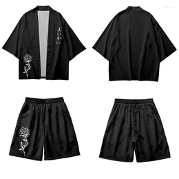Ethnic Clothing Traditional Rose Print Two-piece Suit Yukata Women Kimono Shorts Harajuku Japanese Cardigan Men Cosplay Samurai Haori