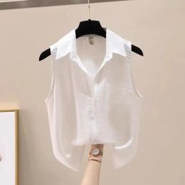 Shirt Summer Solid Color Sleeveless Chiffon Crepe Shirt Women Blouses Fashion White Yellow Button Up Shirts Office Ladies Basic Top