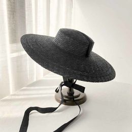 Large Brim Wheat Straw Hat Summer Hats For Women 10cm 15cm 18cm Brim With Black&White Ribbon Beach Cap Boater Flat Top Sun Hat Y20221q