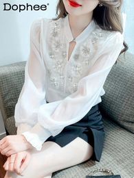 Women's Blouses Heavy Industry Beads Long Sleeve Chiffon Shirt For Women 2024 Spring Office Lady V-neck Puff Top Blouse Female
