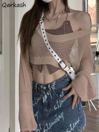 Suits 2 Pcs Sets Women Hollow Out Sunproof Pullovers Crop Tops Camis Korean Style Chic Solid Fashion Summer Hotsweet Tender Aesthetic