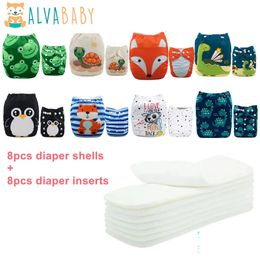 ALVABABY 8 diapers 8 Inserts Baby Cloth Diapers One Size Adjustable Washable Reusable Cloth Nappy For Baby Girls and Boys 240229