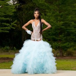 Luxury Blue Mermaid Prom Dress For Black Girls Beads Crystal Graduation Party Gowns Ruffles Tiered Long Birthday Dresses