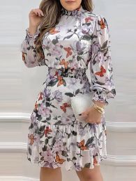 Dress Floral Print Lantern Sleeve Shirred Ruffles Dress Women Daily Casual Midi Dress