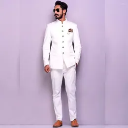 Men's Suits White Long Jacket Pants 2 Piece Single Breasted Stand Lapel African Male Clothing Formal Party Slim Costume Homme