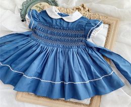 Girls Hand Smock Embroidery Blue Dress Peter Pan Collar Baby Smocking Frocks My Daughters Summer Dress Boutique Clothes T2007161868802