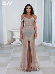 Party Dresses Sexy Cold-Shoulder High Slit Cocktail Gown Sparkly Sequins Deep V-neck Homecoming Dress Illusion Vestidos De Novia