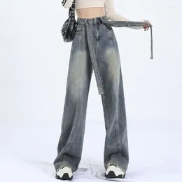 Women's Jeans American Vintage High-waisted Y2K Washed Chic Belt Design Trousers Baggy Streetwear HipHop Pants