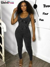 Weird Puss Ribbed Fitness Jumpsuit Women Casual Sleeveless Low-Neck Sporty Stretch Street High Quality Activity Workout Overalls 240304