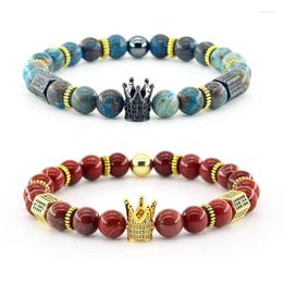 Link Bracelets Luxury Crown Pendant Bracelet Women Men Zircon Accessories Charm Jewelry Natural Stone Beads Micro Pave Black CZ Bangle