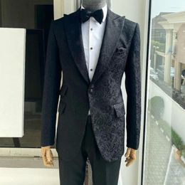 Men's Suits Black Floral Men Slim Fit For Wedding 2 Pcs Custom Groom Tuxedo 2024 Peaked Lapel Fashion Coat ( Jacket Pants )