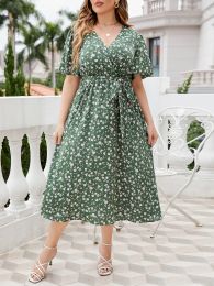 Dresses Plus Size Women's Dress Floral Print Elegant Short Sleeve Dresses Wrap Waist Belt V Neck Office Lady Robe Summer Green Clothing