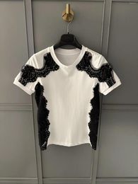 Women's T Shirts 2024 Spring/Summer Black And White Block Rose Lace Spliced Round Neck Short Sleeve T-shirt Woman Top