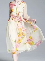 Casual Dresses EVNISI Summer Chic Women Floral Printing Chiffon Dress Elegant Apricot Office A-line For Party Vestido 2024