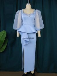 Dress Women Blue Long Dress Sexy Beaded Long Lantern Sleeve See Through Peplum Robe High Waist Slit Elegant Night Party Club 4XL