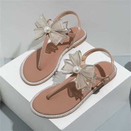 Sports shoes 2024 Female Small Fragrant Bow Flat Bottom Sandals for Women Outerwear Fashion Rhinestone Pearl Womens Shoes