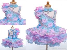 Real Image High Neck Mini Short Cupcake Flower Girls Dresses Appliques Beaded Laceup Back Girls Pageant Dresses Kids Birthday Par7127107