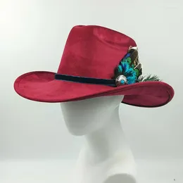 Berets 2024 Colorful Feather Suede Cowboy Hats Men Jazz Hat Cowgirl Wide Brim Fashion Felt Fedora Denim Sombrero Vaquero Hombre