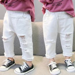 2023 Spring Autumn Baby Girls Ripped Jeans Children Kids Broken Hole Pants White Colour Elastic Waist Denim 240227