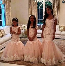 Blush Pink Lace Mermaid Girls Pageant Dresses With Cap Sleeves Long Flower Girls Dresses For Weddings Zipper Back Kids Party Birth7968093