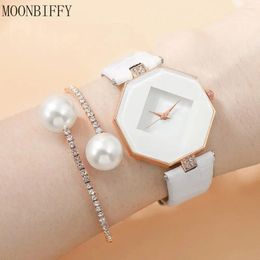 Wristwatches White Simple Women Watches Geometry Crystal Leather Irregularly Quartz Watch Dress Ladies Rhinestone Gifts Clock Reloj
