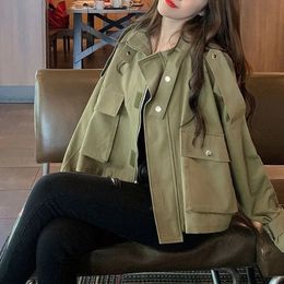 Arrival Spring Autumn Women Loose Short Trench Jacket Retro Double Pocket Tooling Coat Female Stand Collar Casual Outerwear 240304