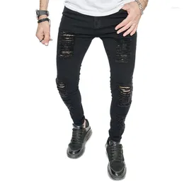 Men's Jeans Good Quality Men Spring Ripped Stretch Skinny Pants Stylish Hip Hop Holes Solid Slim Male Biker Denim Trousers