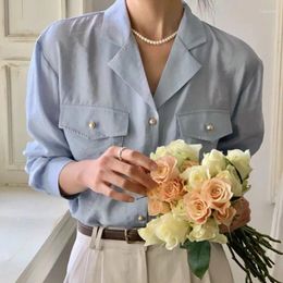Women's Blouses Korean Chic Spring Shirt French Vintage Lapel Double Pocket Design Simple Casual Loose Versatile Shirts Female Clothing