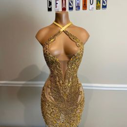 Sexy Gold Cocktail Dress For Women Halter Crystal Beads Birthday Party Dress Luxury Night Club Gowns Vestidos De Fiesta