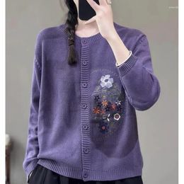 Women's Knits Fall Autumn Women Literary Vintage Embroidery Cardigan Tops Knitting Chinese Style Knitwear Short Jacket Streetwear Party